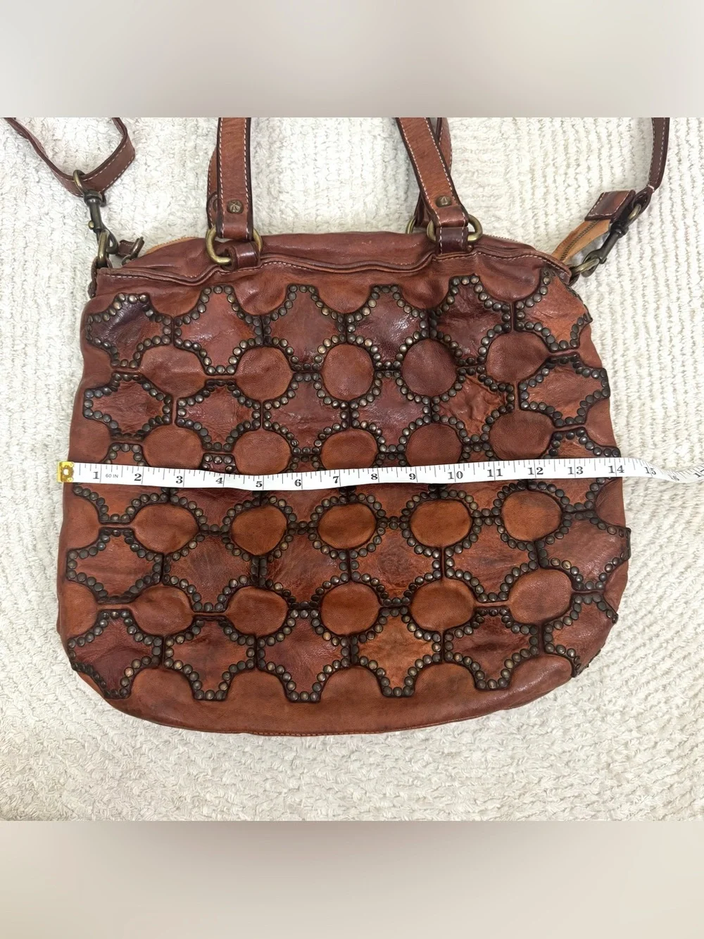 Sundance Rustic Boho Studded Brown Distressed Leather Shoulder or Crossbody Bag
